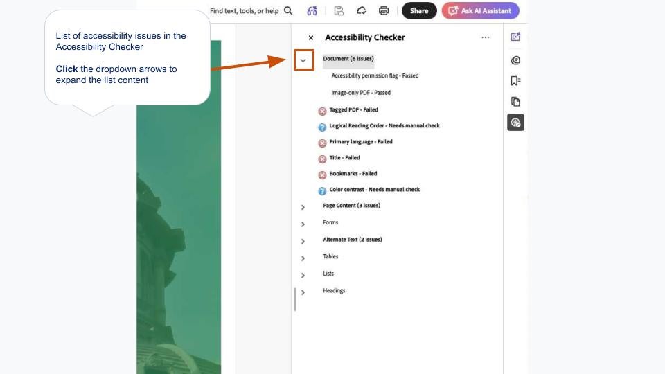 A list of accessibility issues in the Accessibility Checker