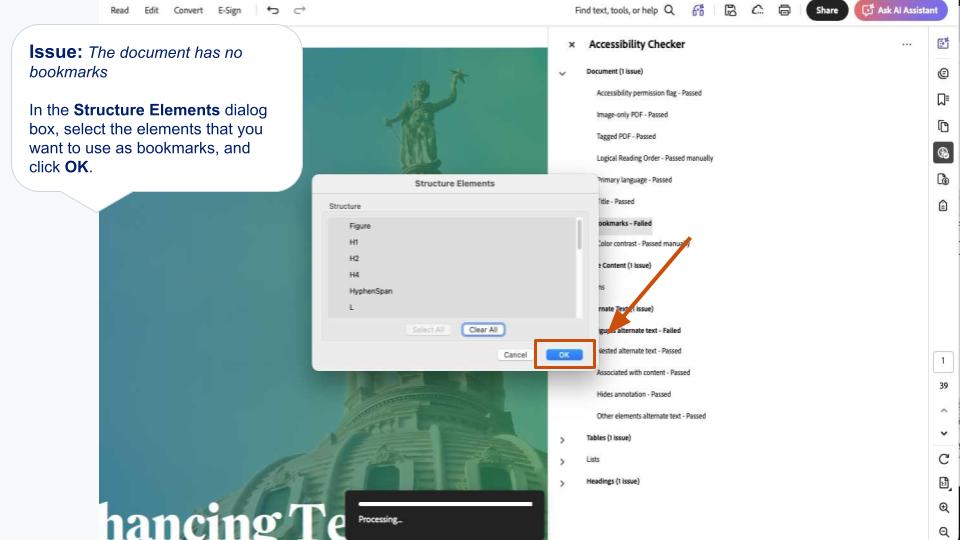 Choose the heading levels or structural elements you want to use as bookmarks