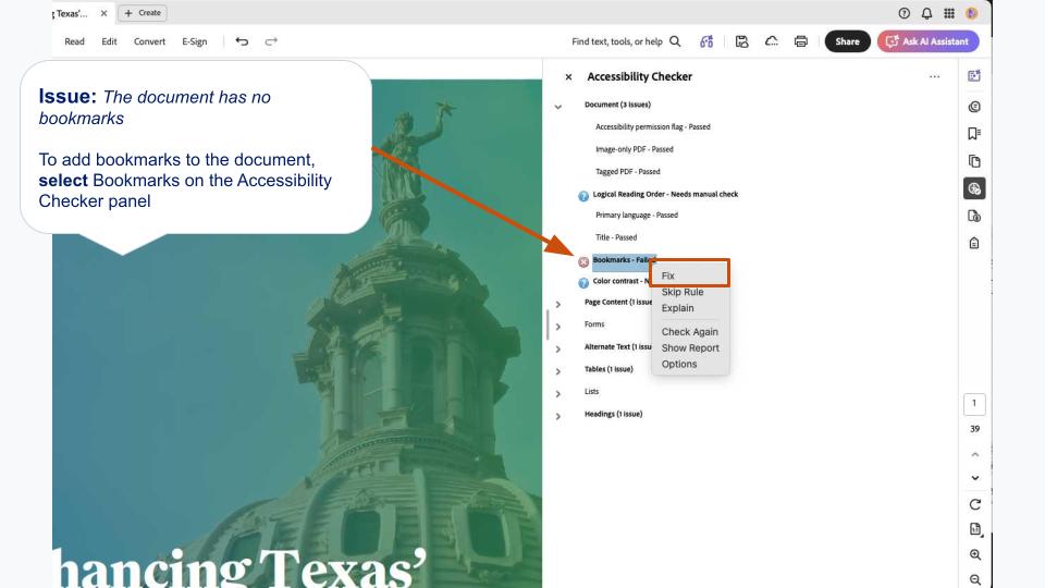 Right-click Bookmarks - Failed in the Accessibility Checker panel and select Fix.