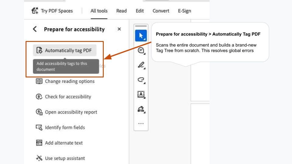 In the left sidebar, under Prepare for accessibility, and choose Automatically tag PDF 