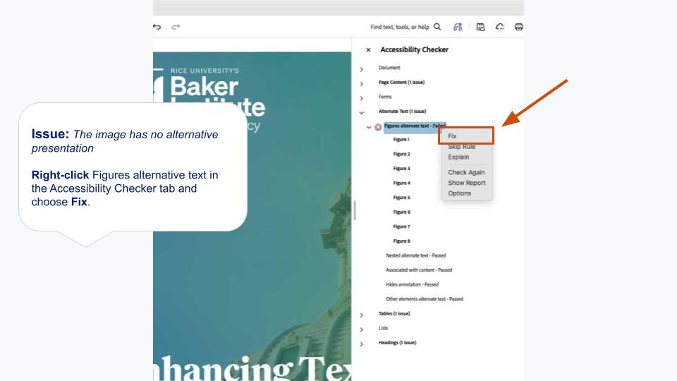 Click Figures alternate text - Failed and select Fix